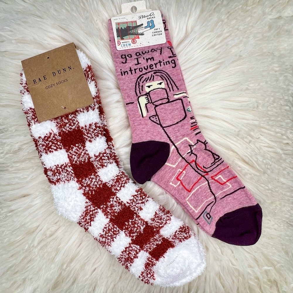 Socks Lot Rae Dunn Buffalo Plaid + Blue Q Introvert White Rust Pink Purple 4-10